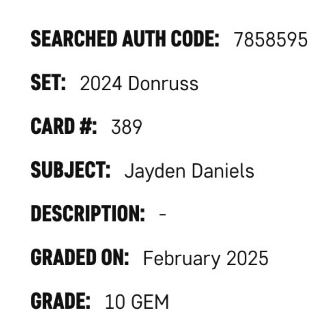 Jayden Daniels SGC 10 2024 Panini Donruss Rated Rookie Card #389