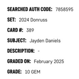 Jayden Daniels SGC 10 2024 Panini Donruss Rated Rookie Card #389