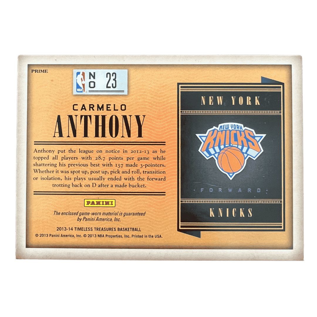 Carmelo Anthony 2013-14 Panini Timeless Treasures Treasured Threads 1/1 Card #23