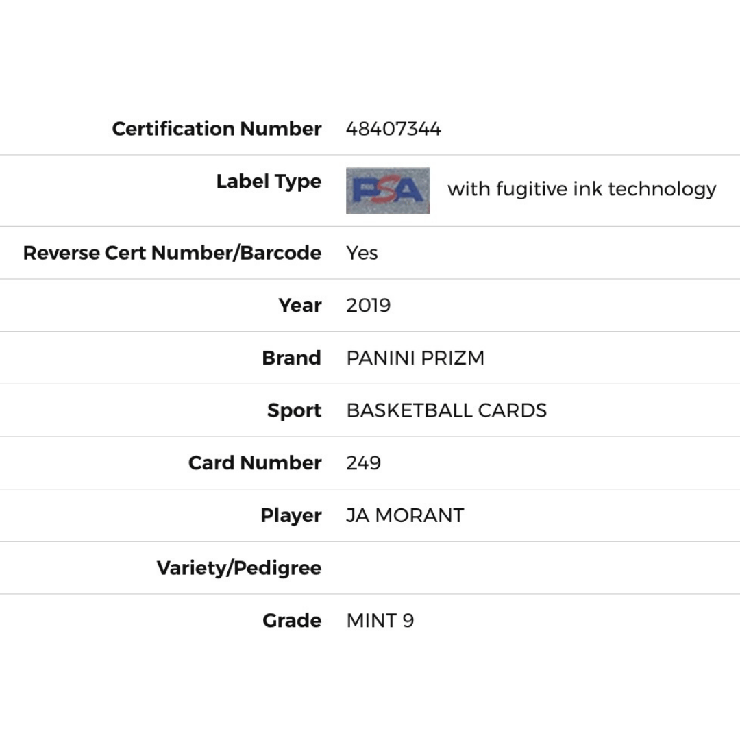 Ja Morant PSA 9 2019 Panini Prizm Rookie RC Card #249