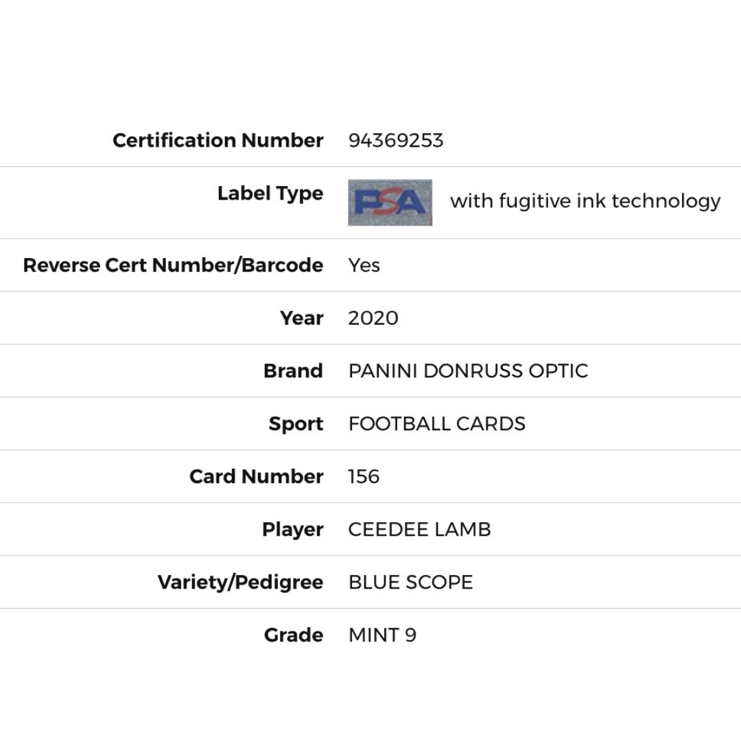 CeeDee Lamb PSA 9 2020 Panini Donruss Optic Blue Scope Rated Rookie Card #156