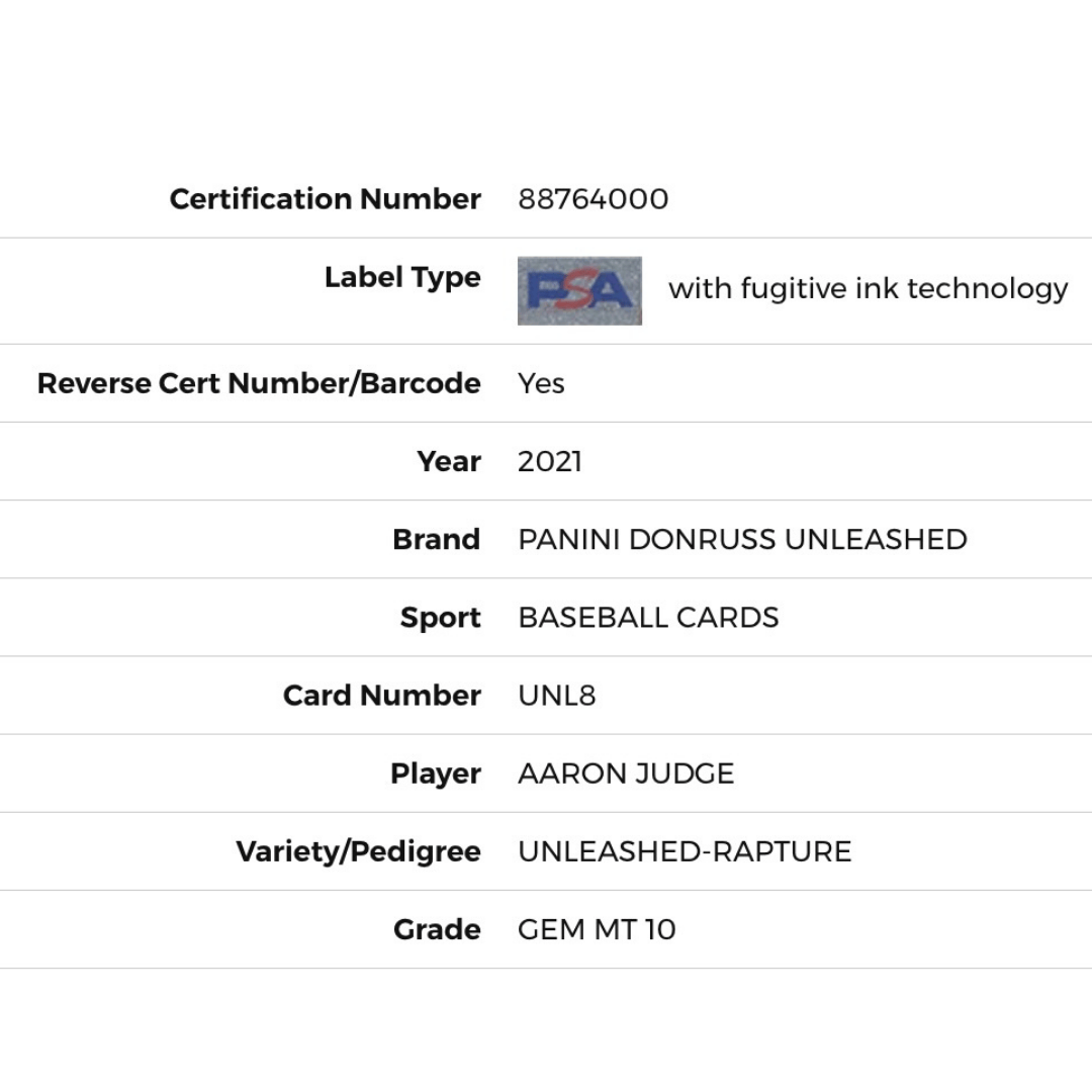 Aaron Judge PSA 10 2021 Panini Donruss Unleashed Rapture Card #UNL8
