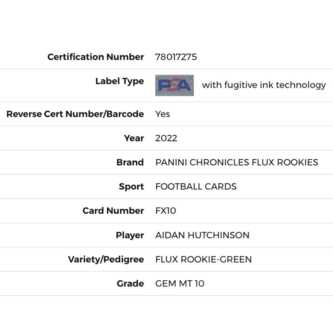 Aiden Hutchinson PSA 10 2022 Panini Chronicles Flux Rookie - Green #D /49 Card #FX10