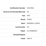 Al Hrabosky PSA 9 1975 Topps Card #122