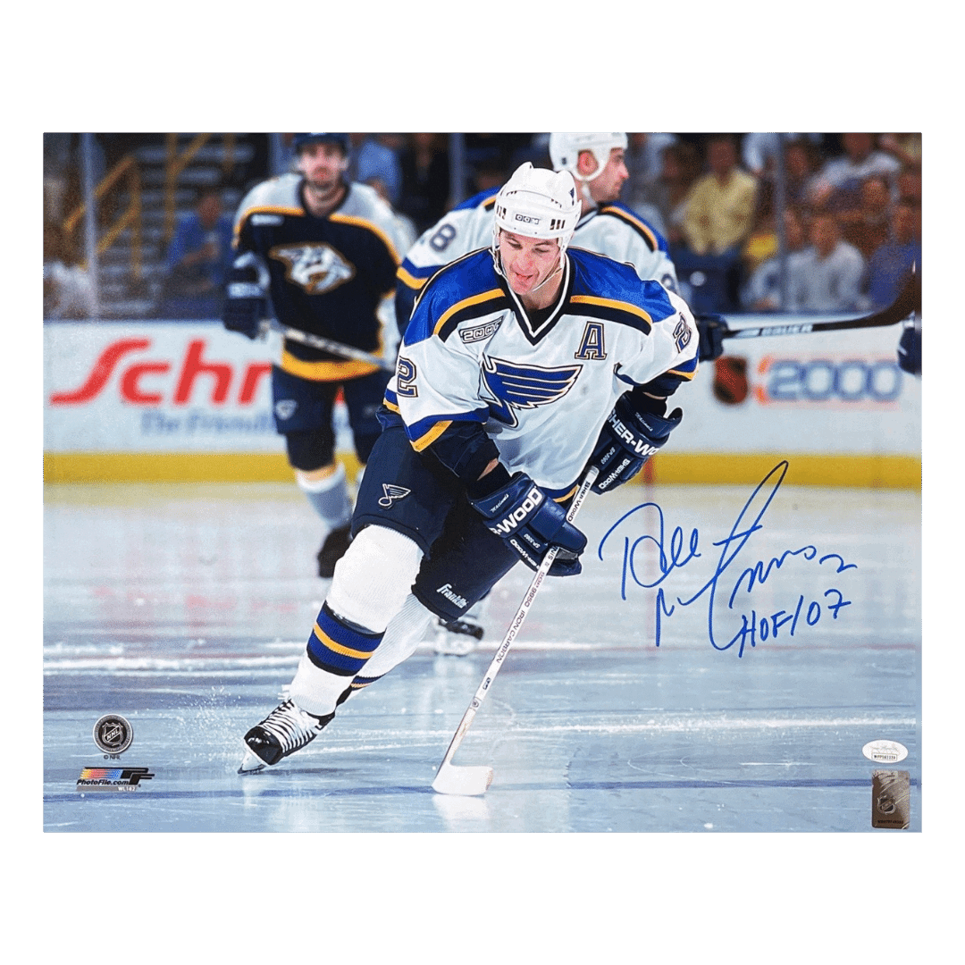 Al MacInnis St Louis Blues Autographed 16x20 Photo w/ "HOF 07" Inscription - JSA COA