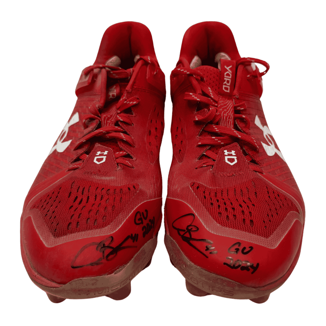 Alec Burleson St Louis Cardinals Autographed Game Used Under Armour Red Cleats w/ "GU 2024" Inscription - JSA COA