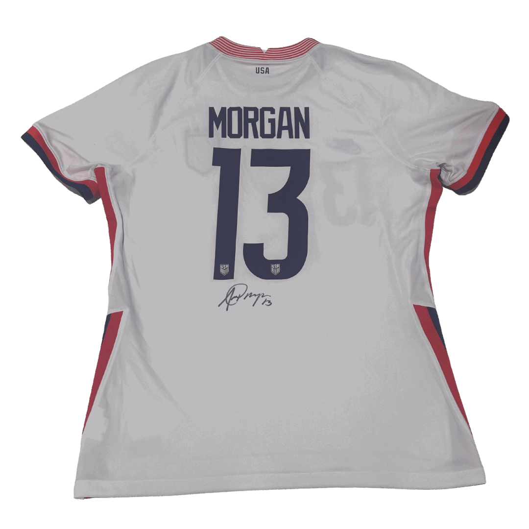 Alex Morgan Team USA Autographed White Nike Red & Blue Stripes Jersey - Beckett COA