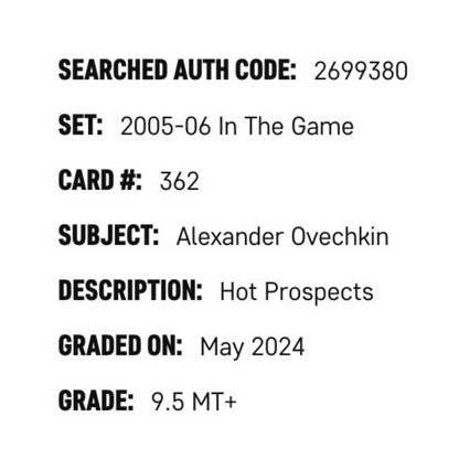 Alexander Ovechkin SGC 9.5 2005-06 In the Game Hot Prospects Card #362