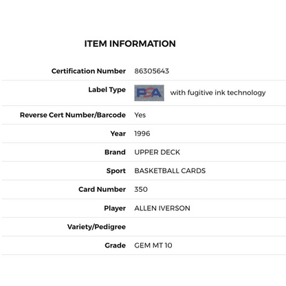 Allen Iverson PSA 10 1996 Upper Deck #350