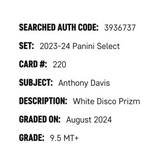 Anthony Davis SGC 9.5 2023-24 Panini Select White Disco Prizm 13/75 Card #220