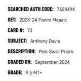 Anthony Davis SGC 9.5 2023-24 Panini Mosaic Pink Swirl Prizm 1/18 Card #73