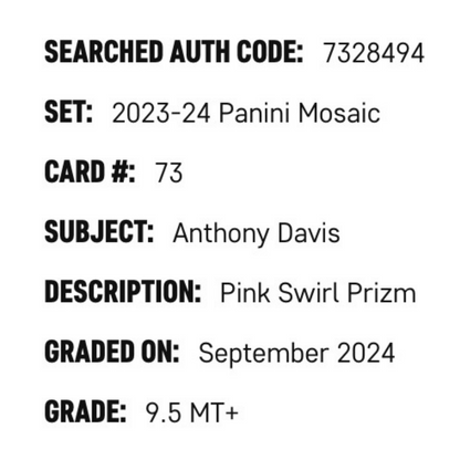 Anthony Davis SGC 9.5 2023-24 Panini Mosaic Pink Swirl Prizm 1/18 Card #73