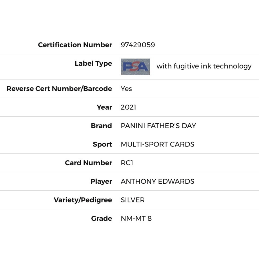Anthony Edwards PSA 8 2023 Panini Fathers Day Silver Rookie RC Card #RC1