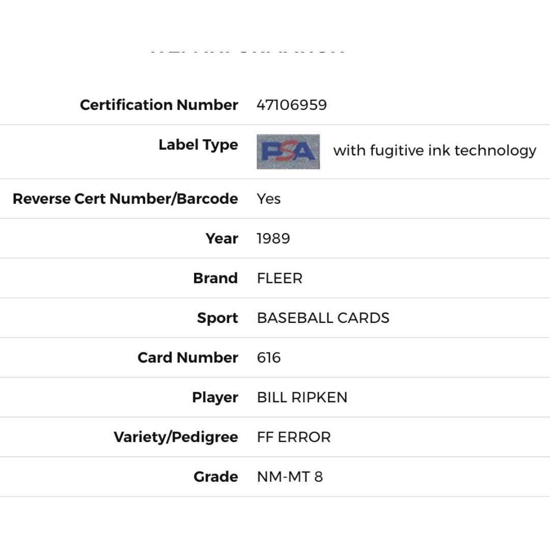 Bill Ripken PSA 8 1989 Fleer FF Error Card #616