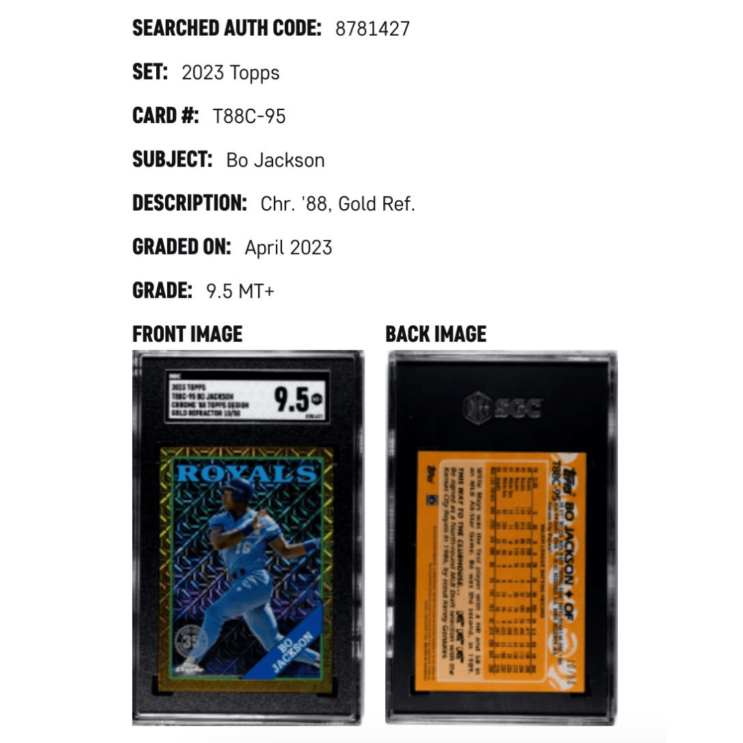 Bo Jackson SGC 9.5 2023 Topps Chrome '88 Topps Design Gold Refractor #D 10/50 Card #TBB-95