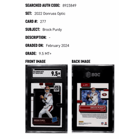 Brock Purdy SGC 9.5 2022 Donruss Optic Rookie RC Card #277