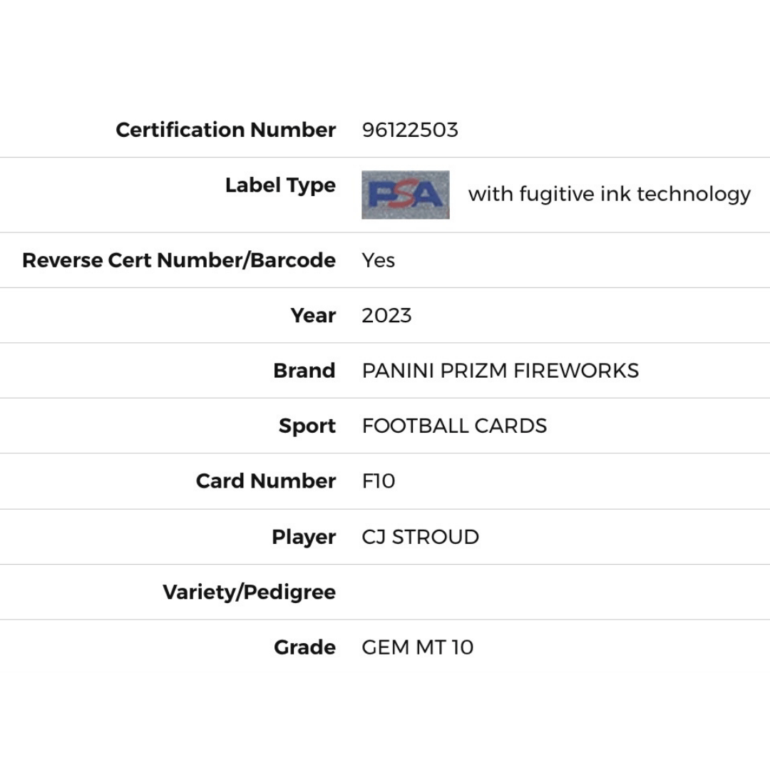 C.J. Stroud PSA 9 2023 Panini Prizm Fireworks Card #F10