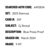 C.J. Stroud SGC 9 2023 Donruss Blue Press Proof Rated Rookie Card #339