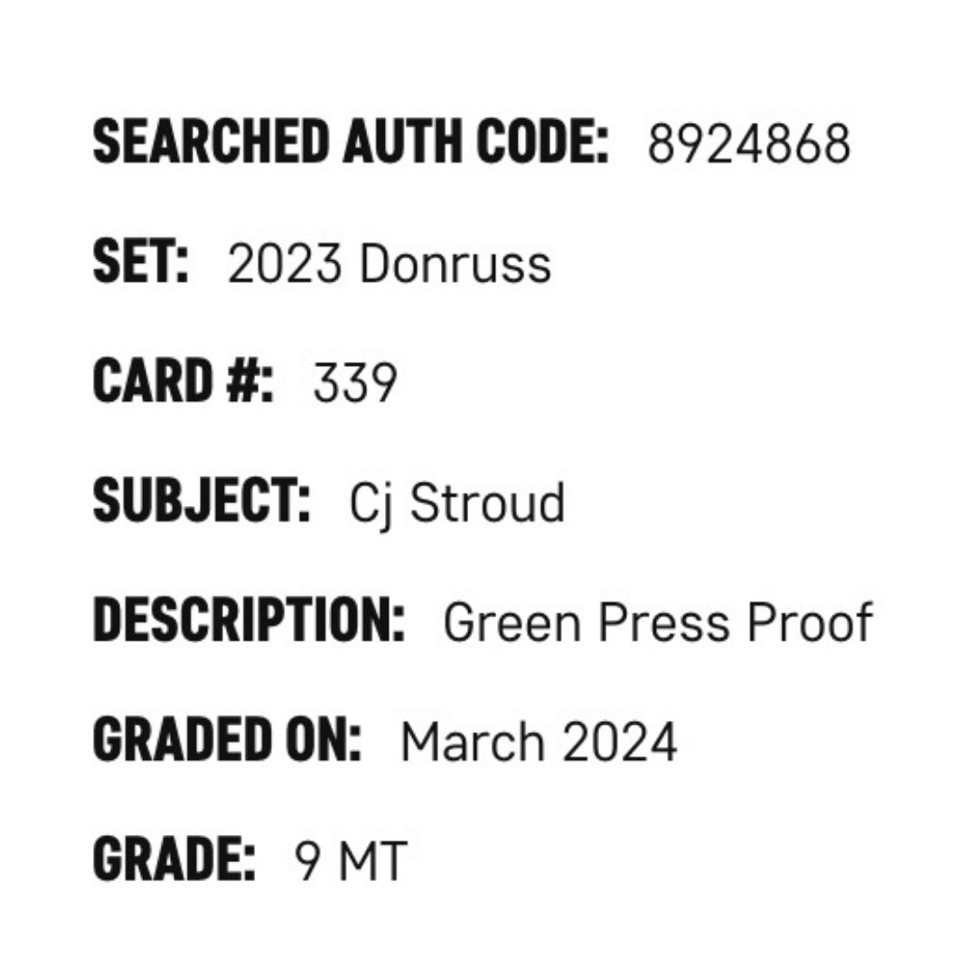 C.J. Stroud SGC 9 2023 Donruss Green Press Proof Rated Rookie Card #339