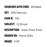 C.J. Stroud SGC 9 2023 Donruss Green Press Proof Rated Rookie Card #339