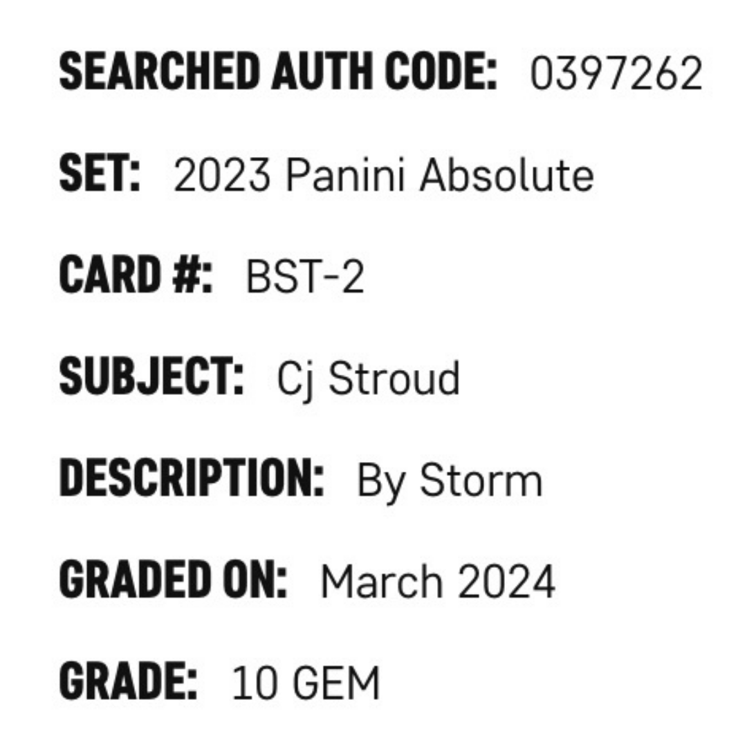 C.J. Stroud SGC 10 2023 Panini Absolute By Storm Rookie RC Card #BST-2