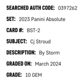 C.J. Stroud SGC 10 2023 Panini Absolute By Storm Rookie RC Card #BST-2