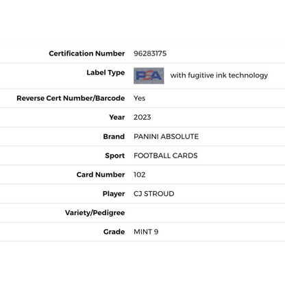 CJ Stroud PSA 9 2023 Absolute Rookie RC Card #102