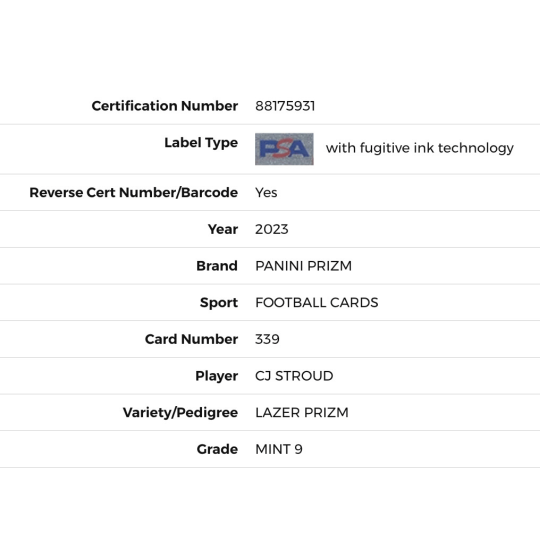 C.J. Stroud PSA 9 2023 Panini Prizm Lazer Rookie RC Card #339