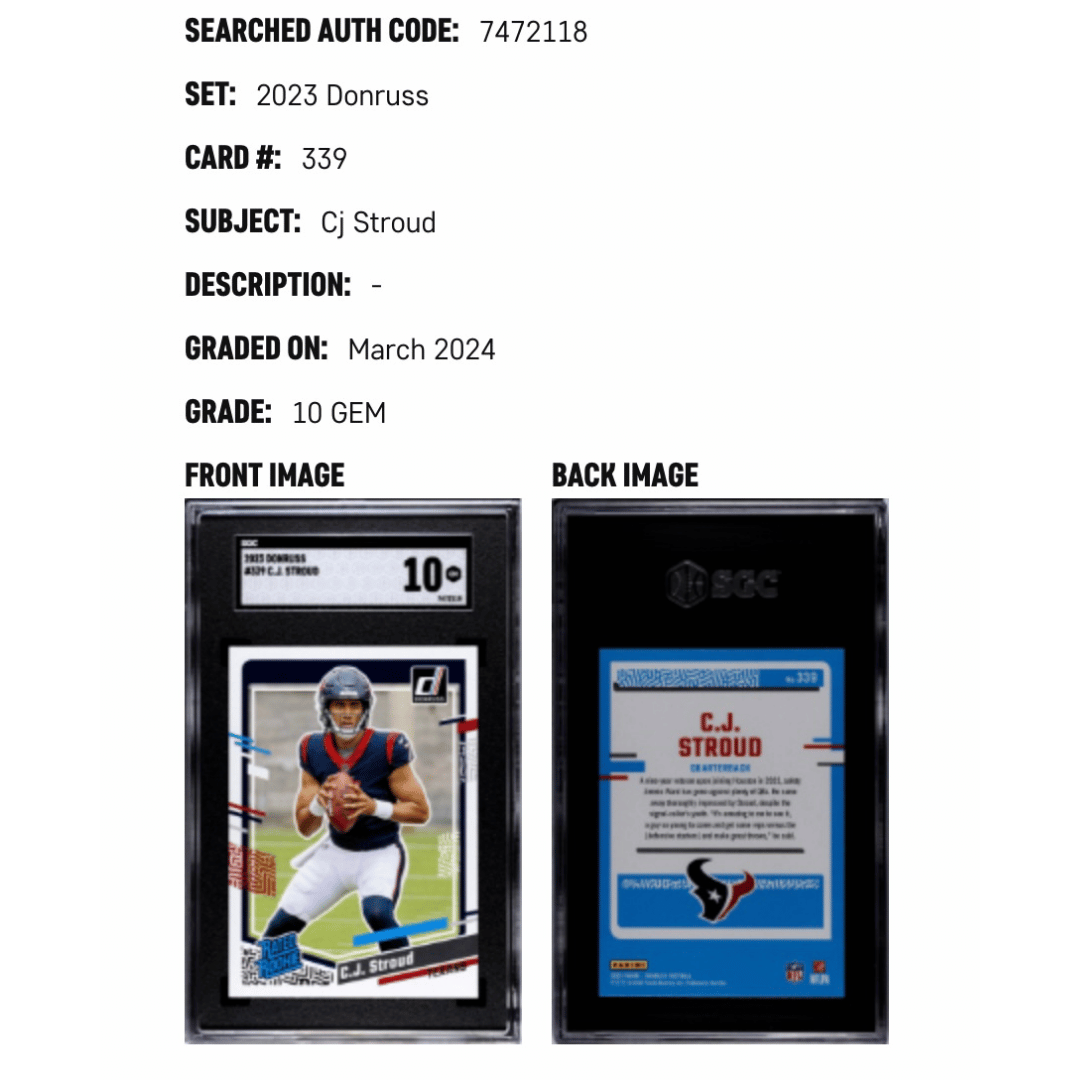 C.J. Stroud SGC 10 GEM 2023 Donruss Rated Rookie #339