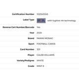 Caleb Williams PSA 9 2024 Panini Mosaic White Rookie RC #D/25 Card #301