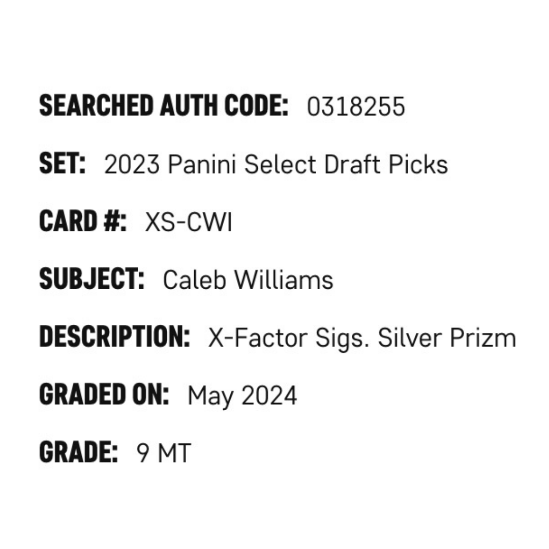 Caleb Williams SGC 9 2023 Panini Select Draft Picks X-Factor Silver Prizm Autograph Card #XS-CWI