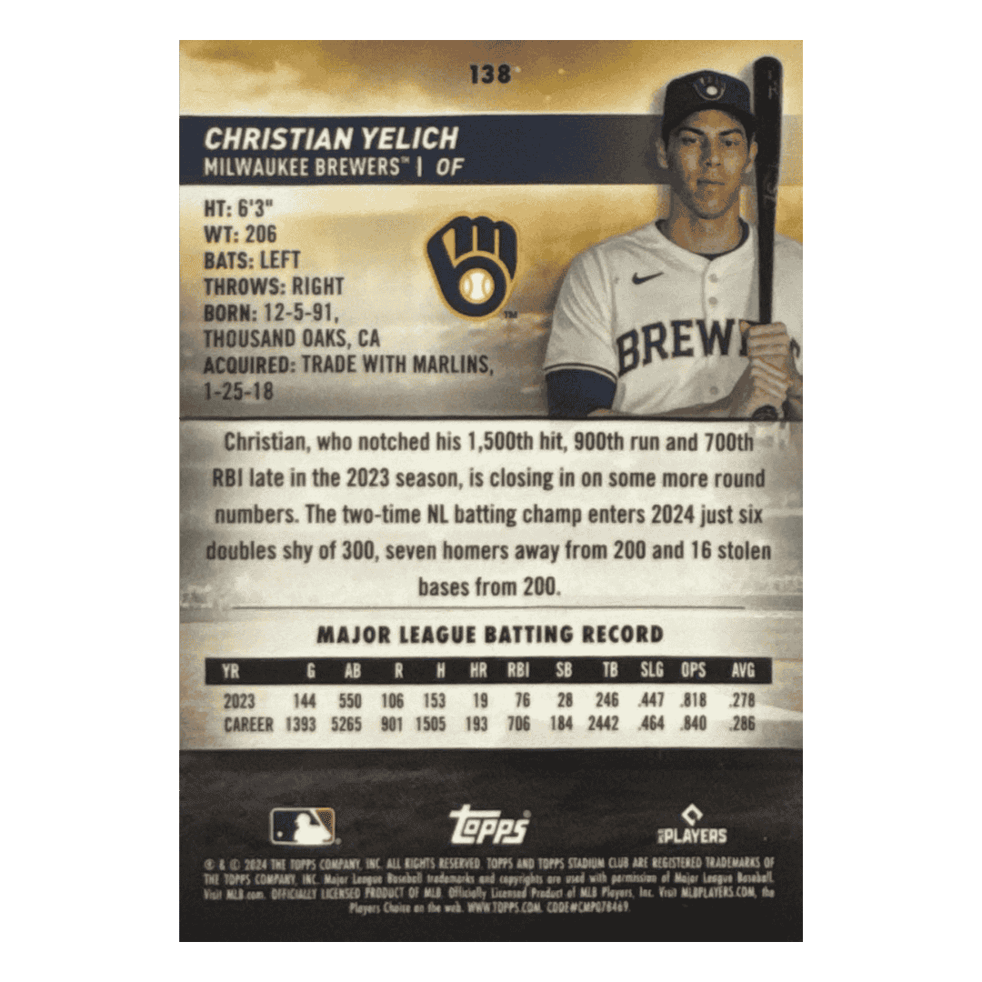 Christian Yelich 2024 Topps Stadium Club Chrome d/30 Card #138