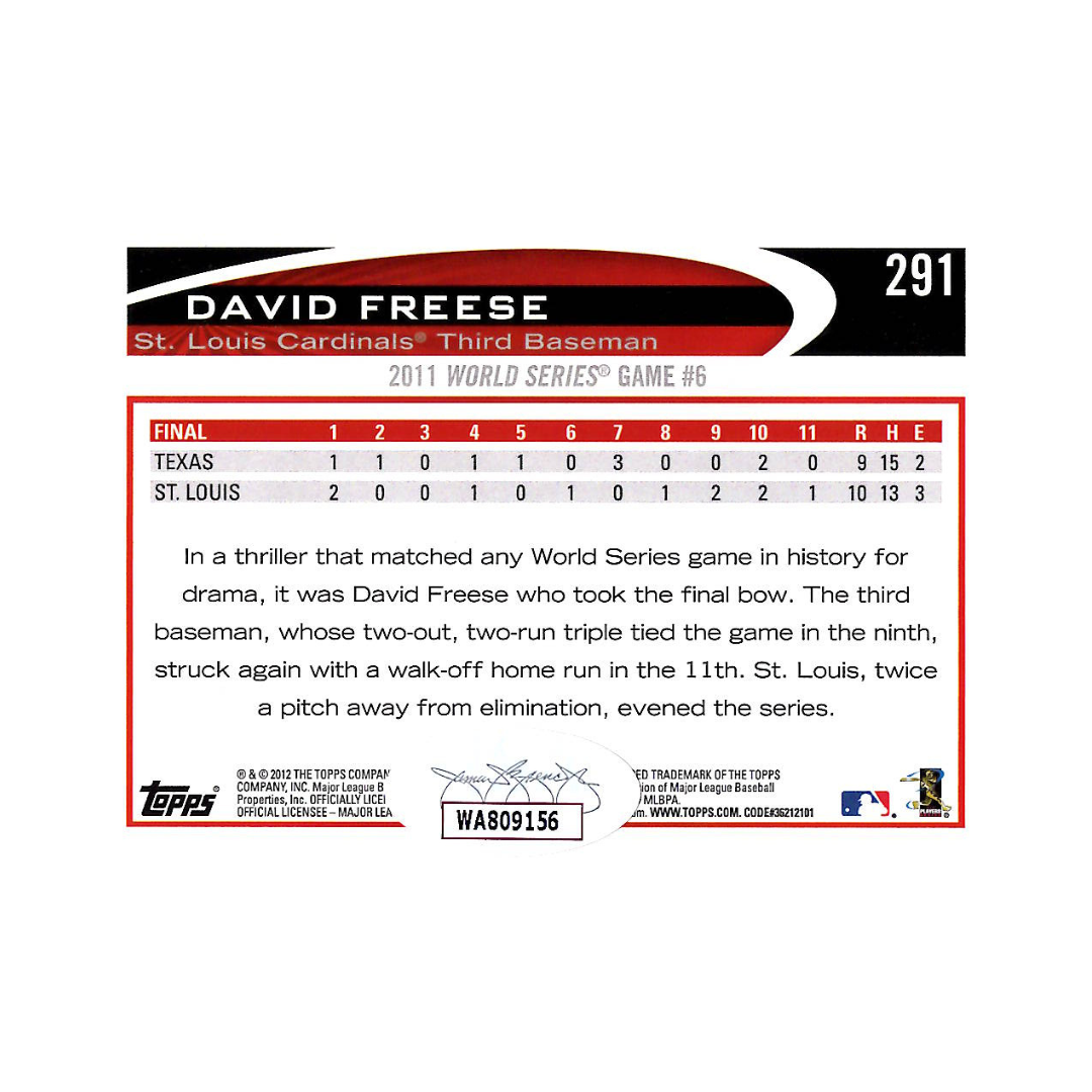 David Freese St Louis Cardinals Autographed 2011 WS Topps Trading Card - JSA COA