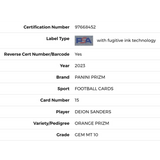 Deion Sanders PSA 10 2023 Panini Prizm Orange Prizm 005/249 Card #15