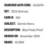 Derrick Henry SGC 10 2016 Panini Donruss Blue Press Proof Rated Rookie Card #365