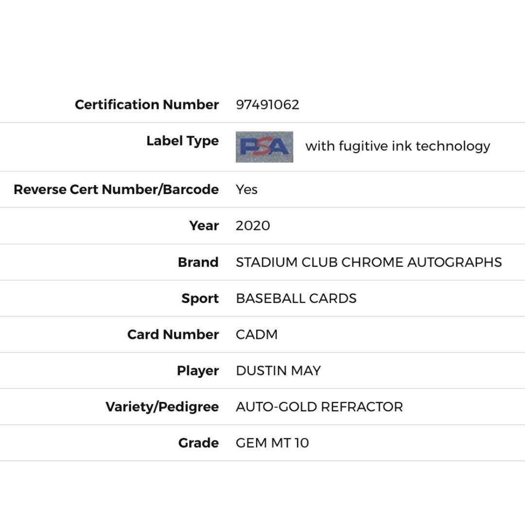 Dustin May PSA 10 2020 Topps Stadium Club Chrome Autographs Gold Refactor Rookie RC d/50 Card #CADM