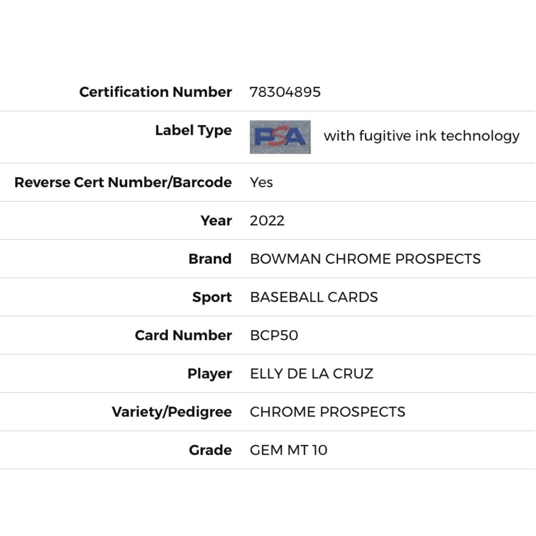 Elly De La Cruz PSA 10 2022 Topps Bowman Chrome Prospects Card #BCP50