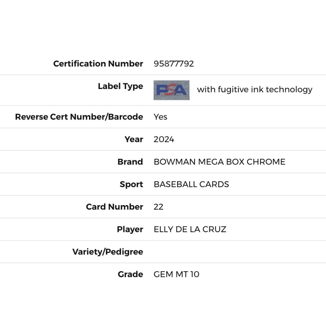 Elly De La Cruz PSA 10 2024 Bowman Mega Box Chrome Card #22