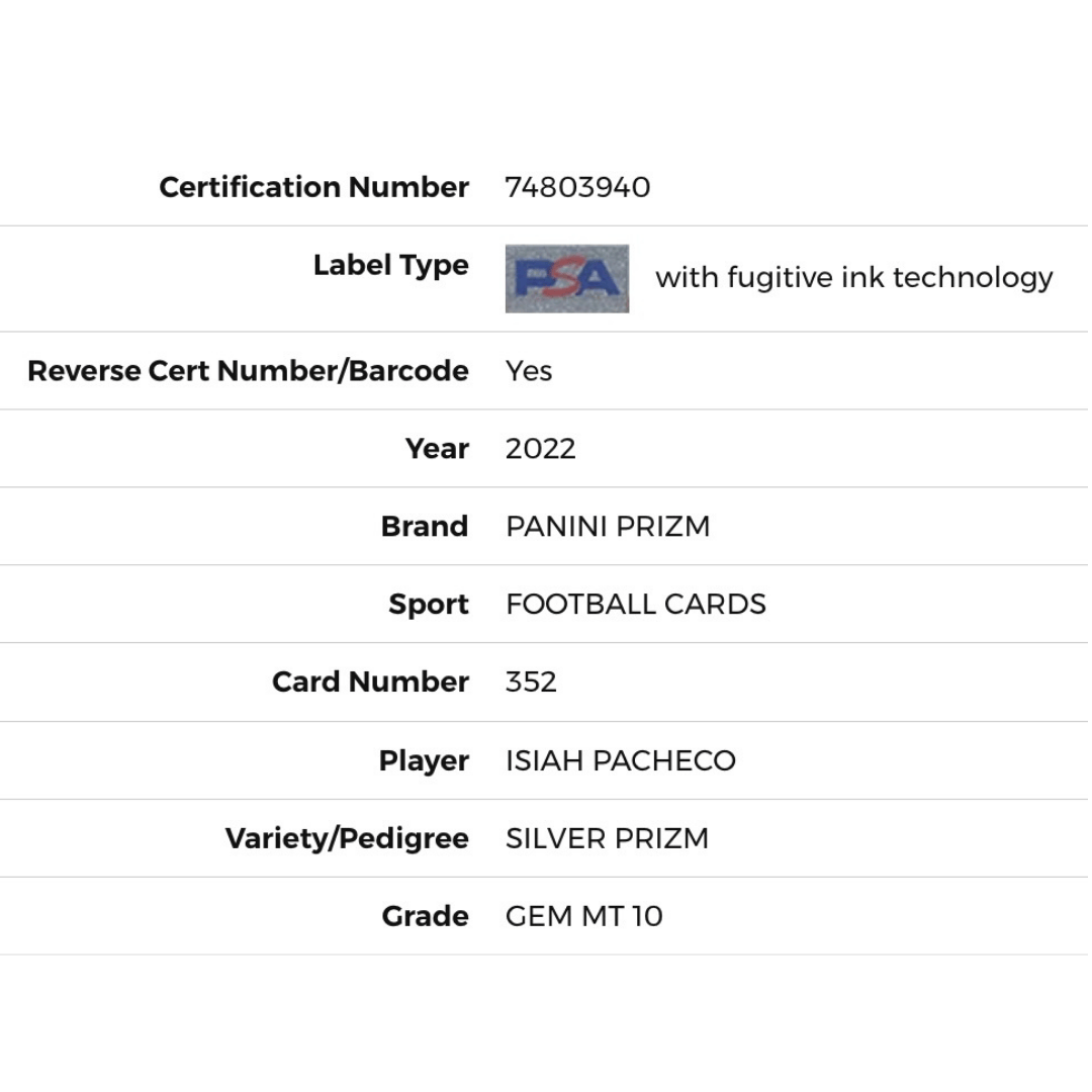 Isiah Pacheco PSA 10 2022 Panini Prizm Silver Prizm Rookie RC Card #352