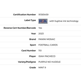 Isiah Pacheco PSA 9 2023 Panini Mosaic Purple No Huddle Card #110