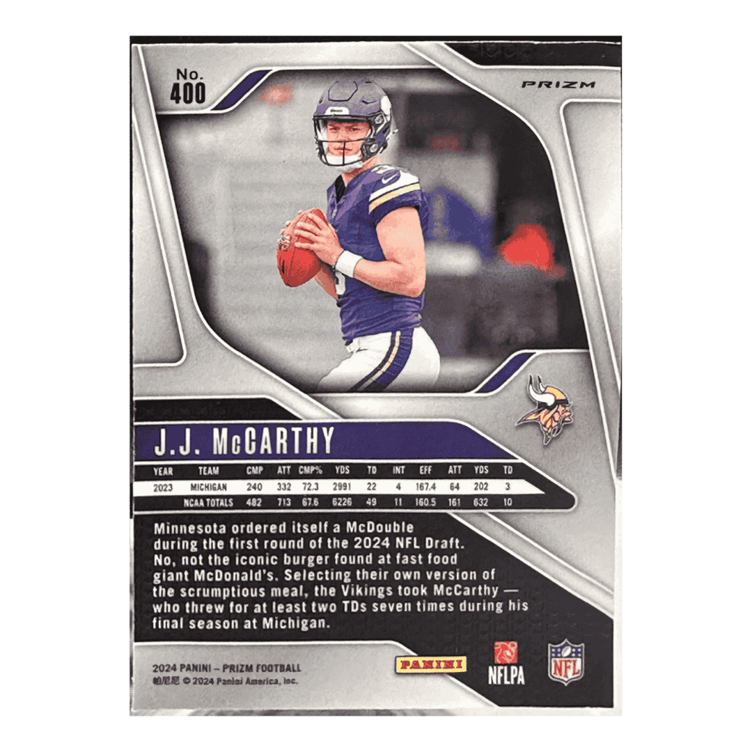 J.J. McCarthy 2024 Panini Prizm Red White & Blue Prizm Rookie Card #400