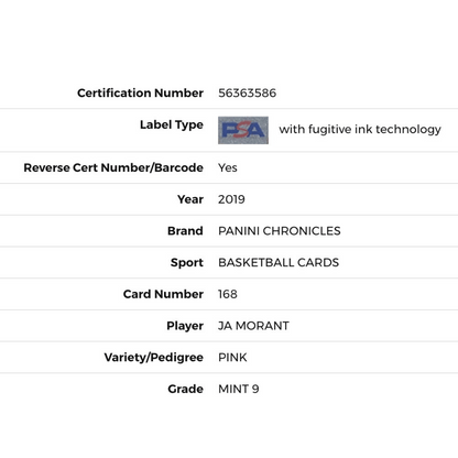 Ja Morant PSA 9 2019 Panini Chronicles Pink Card #168
