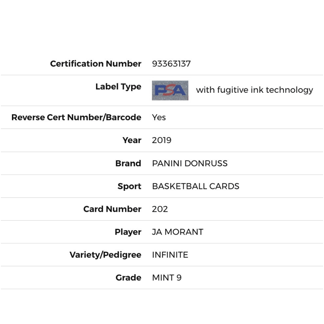 Ja Morant PSA 9 2019 Panini Donruss Infinite Rated Rookie Card #202