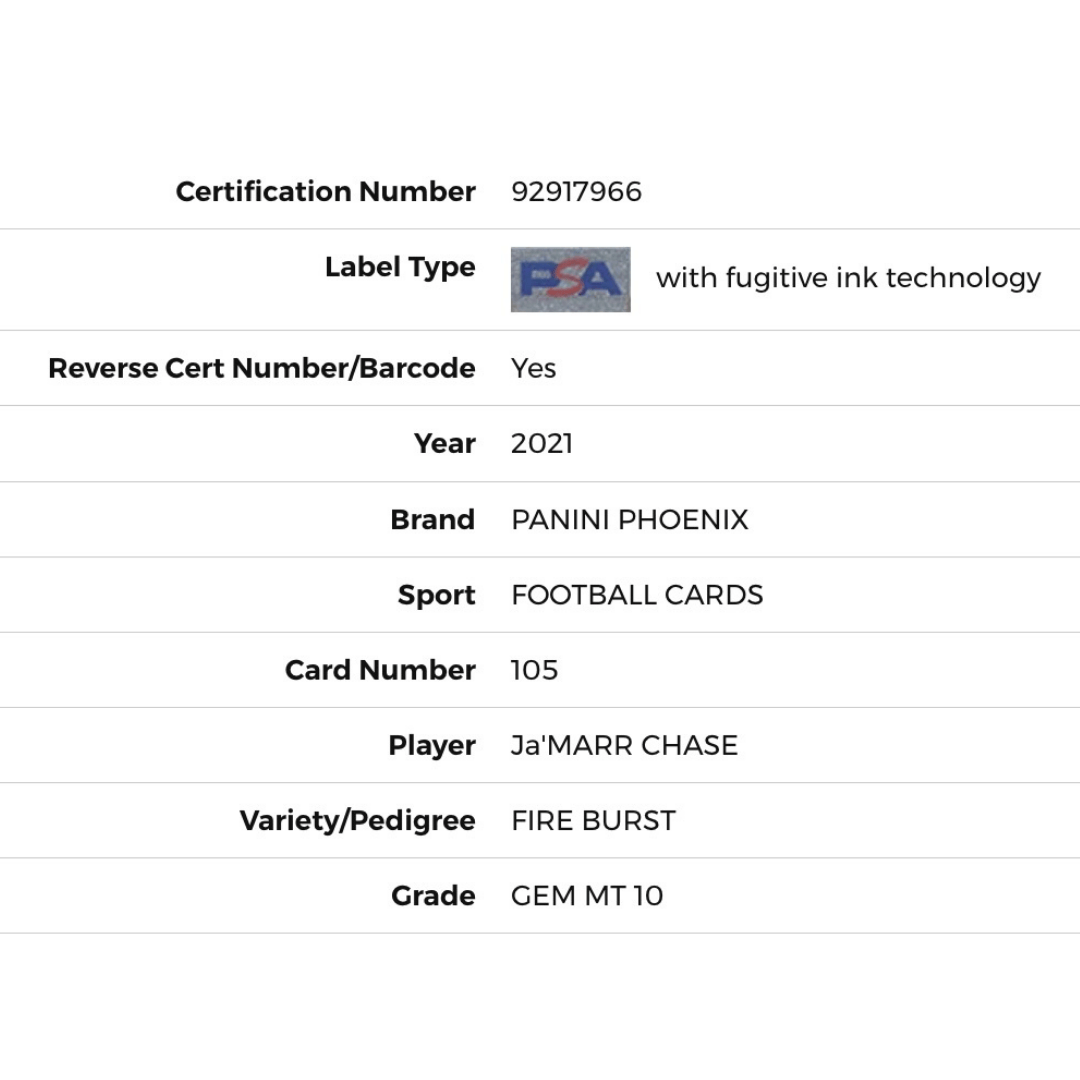 Ja'Marr Chase PSA 10 2021 Panini Phoenix Fire Burst Rookie RC Card #105