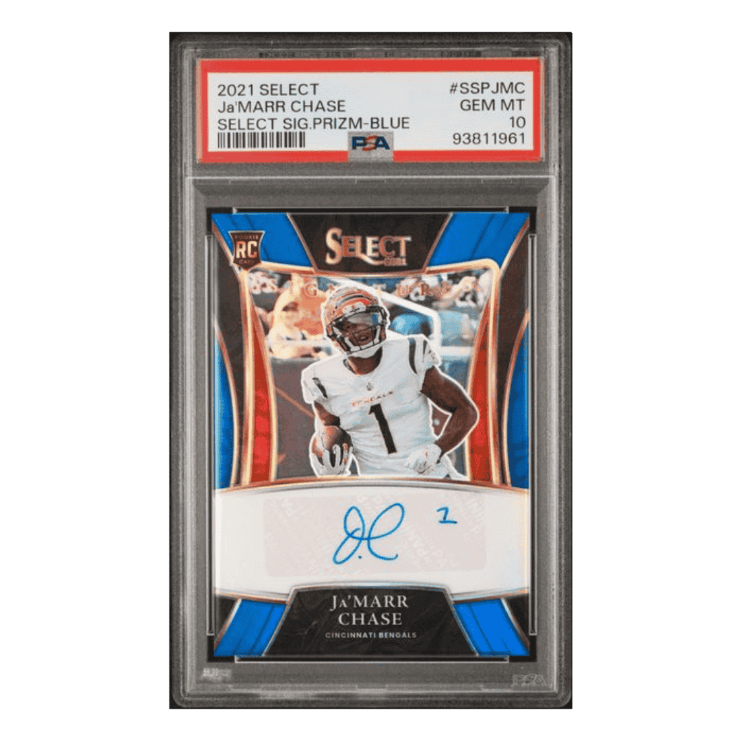 Ja'Marr Chase PSA 10 2021 Panini Select Signature Prizm Blue Rookie RC #D/50 Card #SSP-JMC