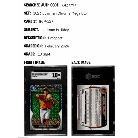 Jackson Holliday SGC 10 2023 Bowman Chrome Prospect BCP-227