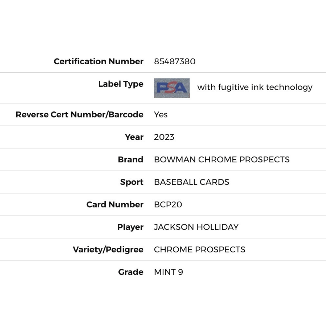 Jackson Holliday PSA 9 2023 Bowman Chrome Prospects Card #BCP20