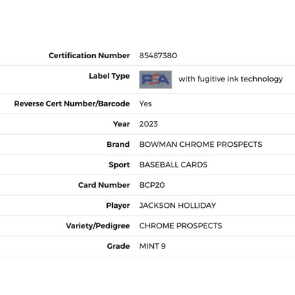 Jackson Holliday PSA 9 2023 Bowman Chrome Prospects Card #BCP20