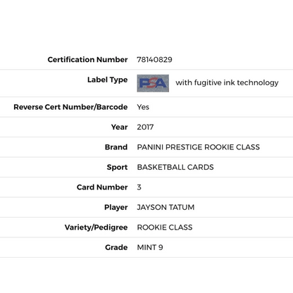 Jayson Tatum PSA 9 2017 Panini Prestige Rookie Class Card #3
