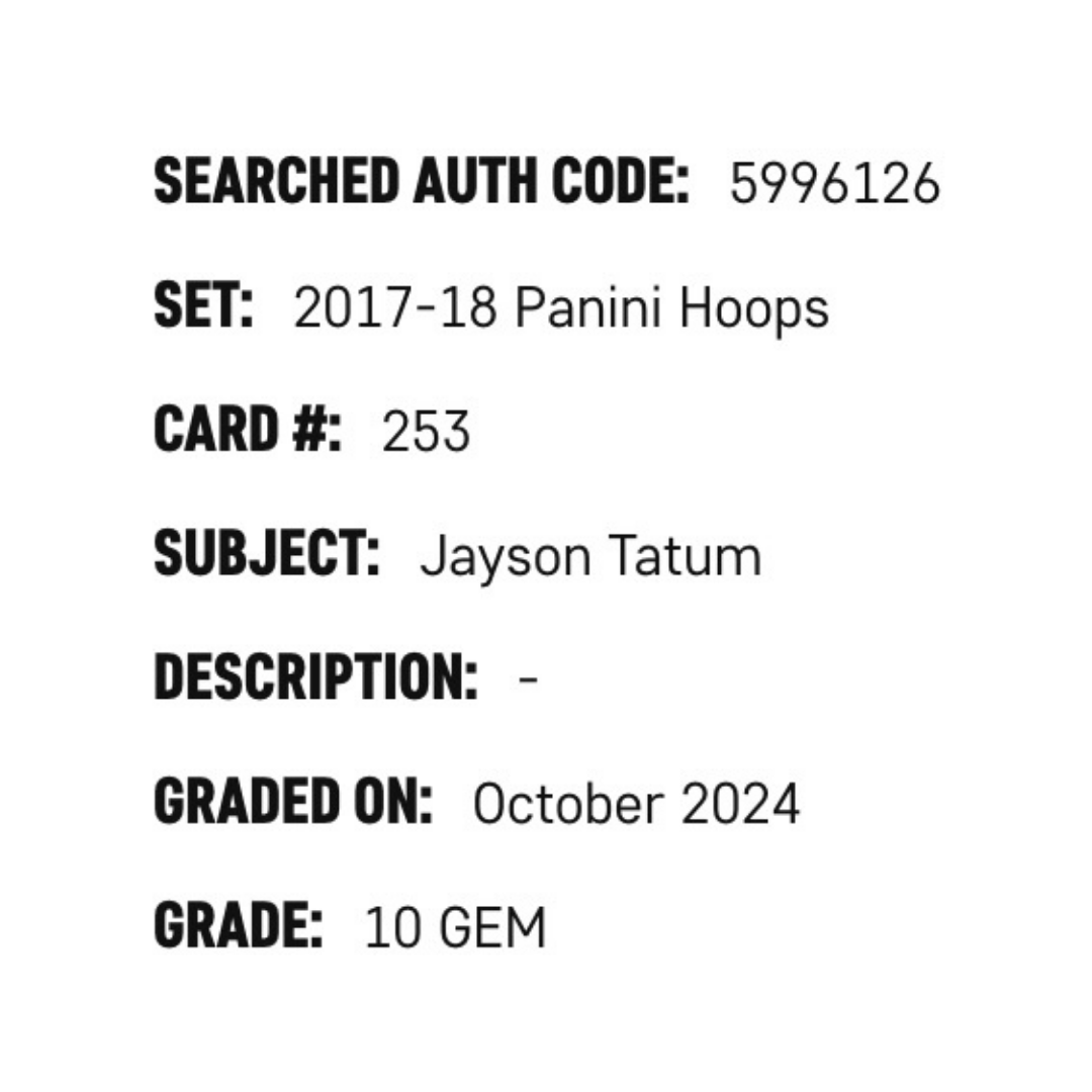 Jayson Tatum SGC 10 2017-18 Panini Hoops Card #253